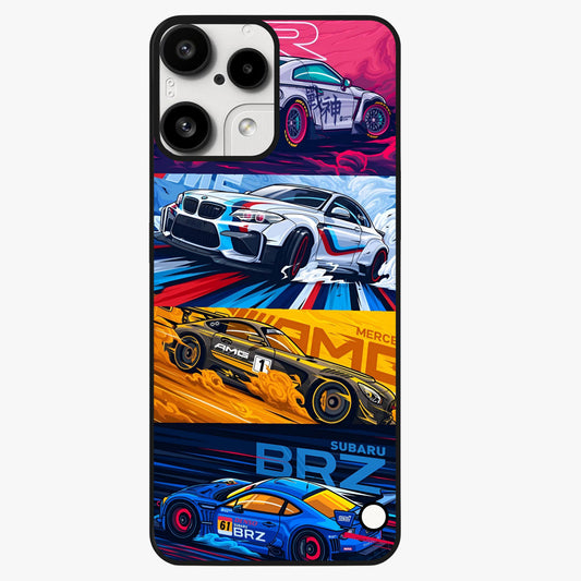 JDM Sports Car Glass Case showing flat back view with high performance sports car artwork and glossy glass finish.