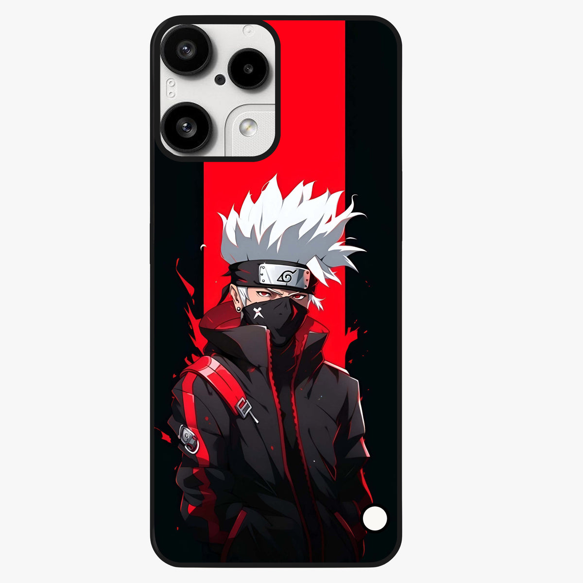 Kakashi Scarlet Shadow Glass Case showing flat back view with powerful anime ninja artwork and glossy glass finish.