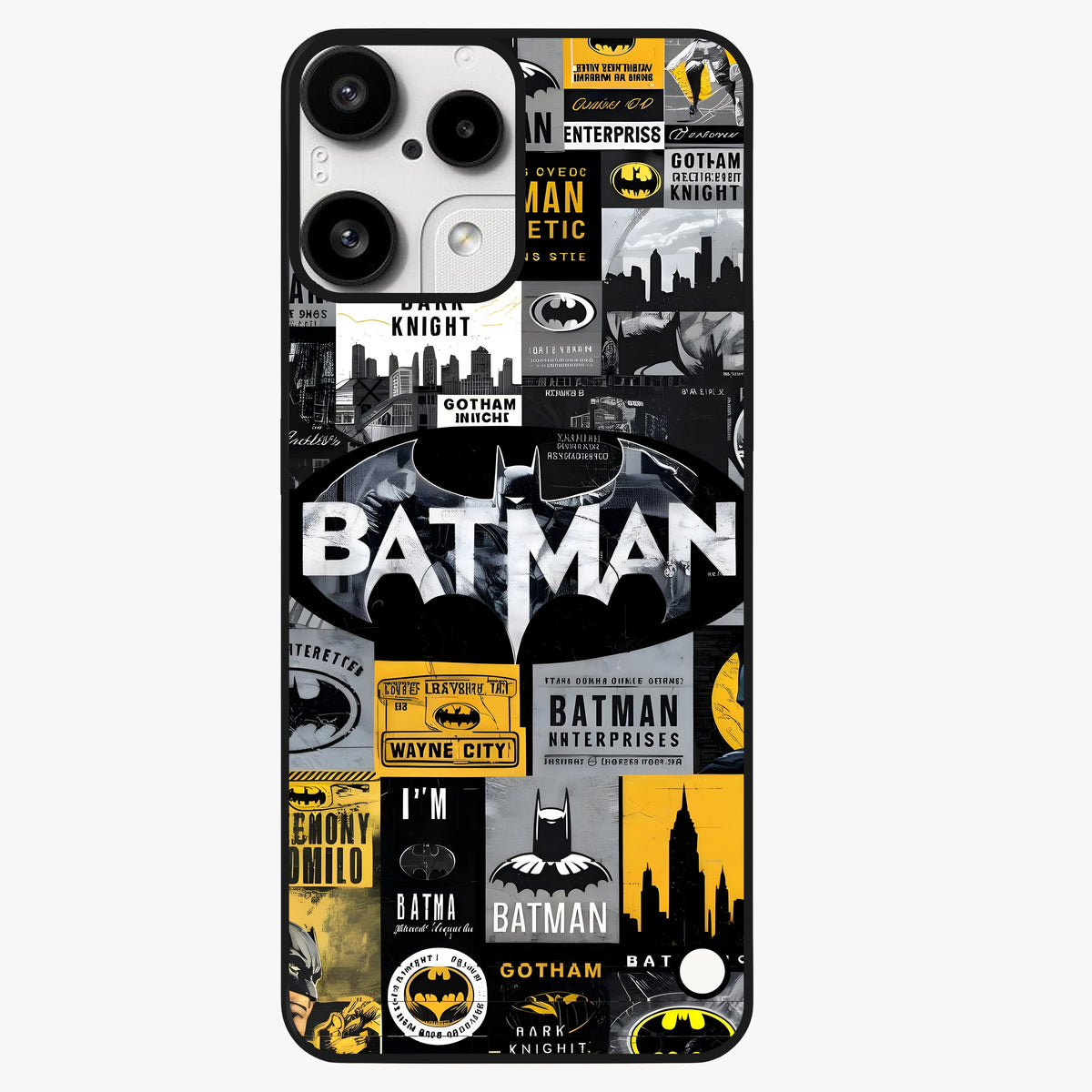 Knight Gotham Rise Glass Case showing flat back view with dark hero inspired artwork and glossy glass finish.