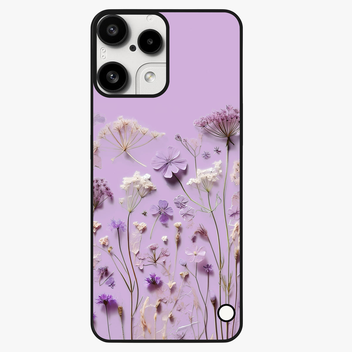 Lavender Blossom Dream Glass Case showing flat back view with soft lavender floral artwork and glossy glass finish.