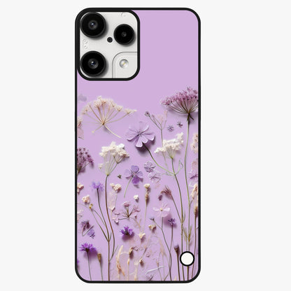 Lavender Blossom Dream Glass Case showing flat back view with soft lavender floral artwork and glossy glass finish.