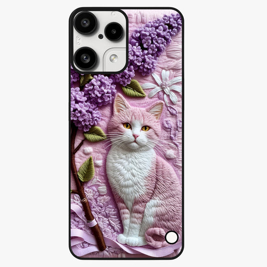Lavender Cat Whimsy Glass Case showing flat back view with cute lavender cat artwork and glossy glass finish.