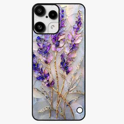 Lavender Dream Glow Glass Case showing flat back view with glowing lavender aesthetic artwork and glossy glass finish.