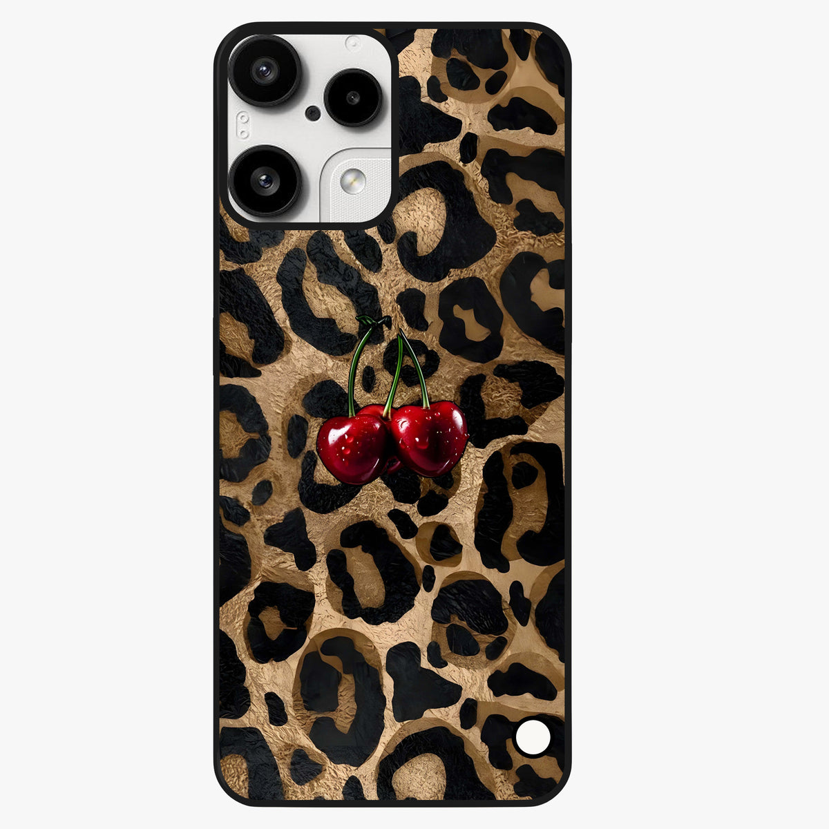 Leopard Wild Cherry Glass Case showing flat back view with leopard pattern and cherry artwork and glossy glass finish.