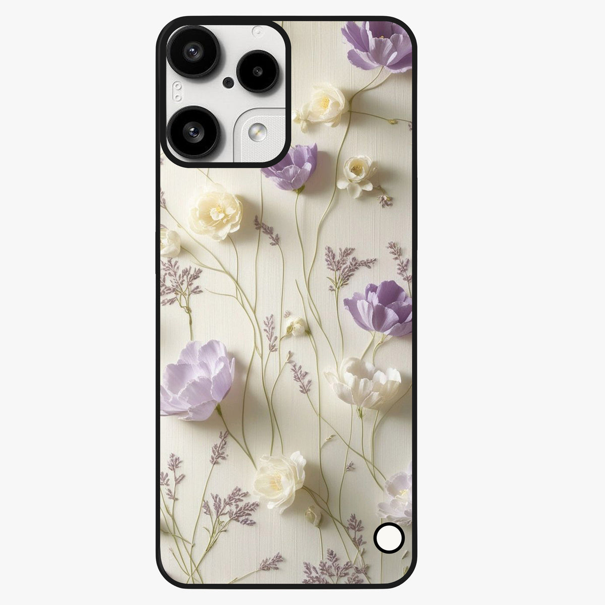 Lilac Breeze Harmony Glass Case showing flat back view with soft lilac themed artwork and glossy glass finish.