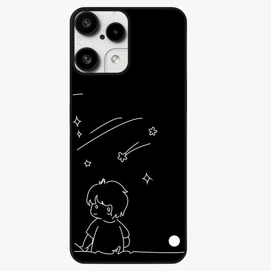 Line Art Boy With Shooting Stars Glass Case showing flat back view with minimal line art boy and shooting stars illustration and glossy glass finish.