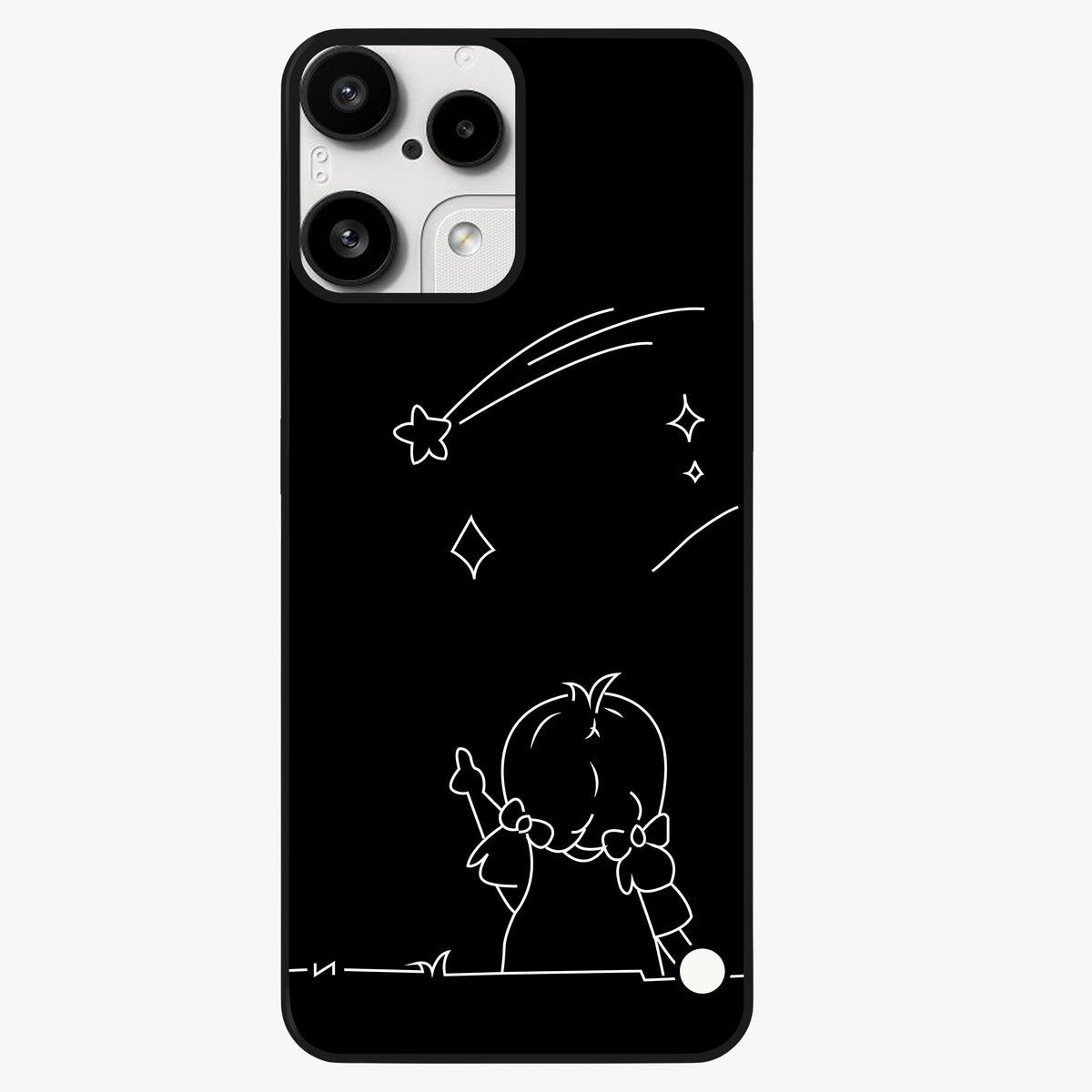 Line Art Girl With Shooting Stars Glass Case showing flat back view with minimal line art girl and shooting stars illustration and glossy glass finish.