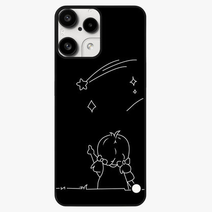 Line Art Girl With Shooting Stars Glass Case showing flat back view with minimal line art girl and shooting stars illustration and glossy glass finish.