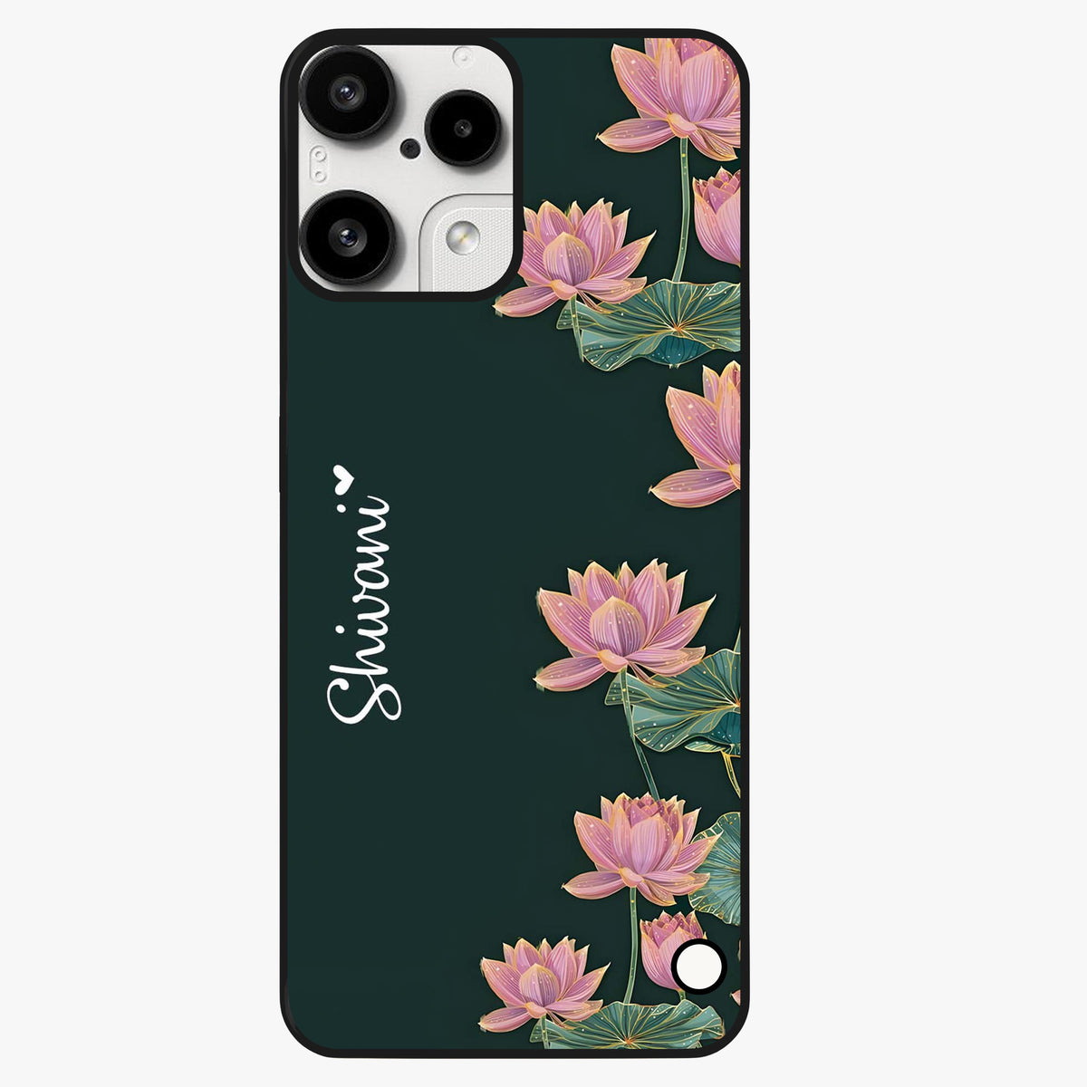 Lotus Bloom Serenity Custom Name Glass Case showing flat back view with elegant lotus flower artwork and personalized name design.