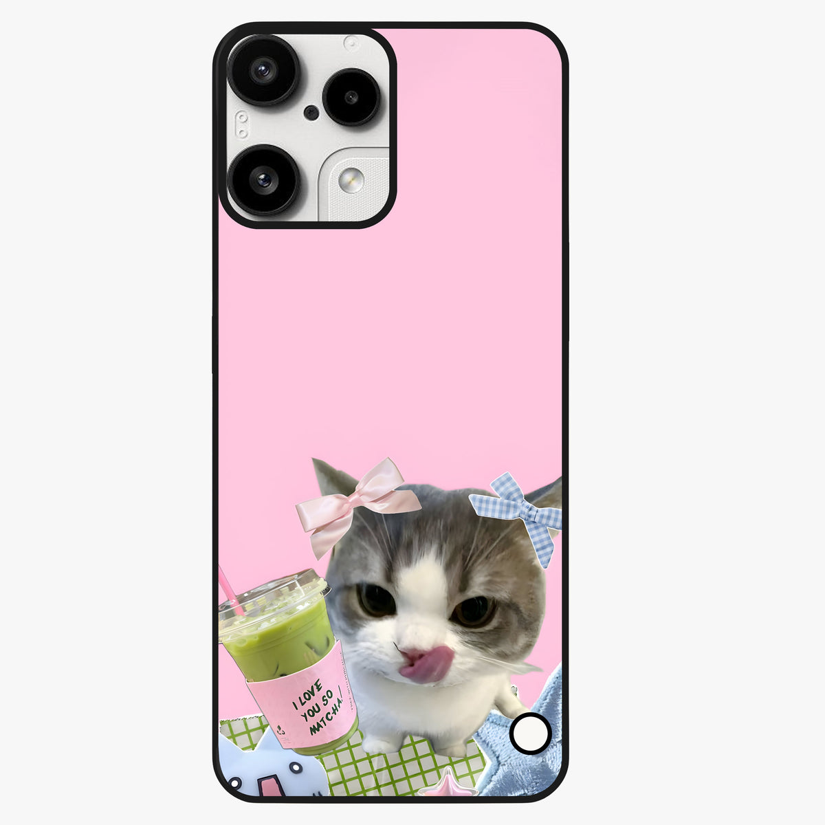 Love Matcha Cat Glass Case showing flat back view with cute cat and matcha themed artwork and glossy glass finish.