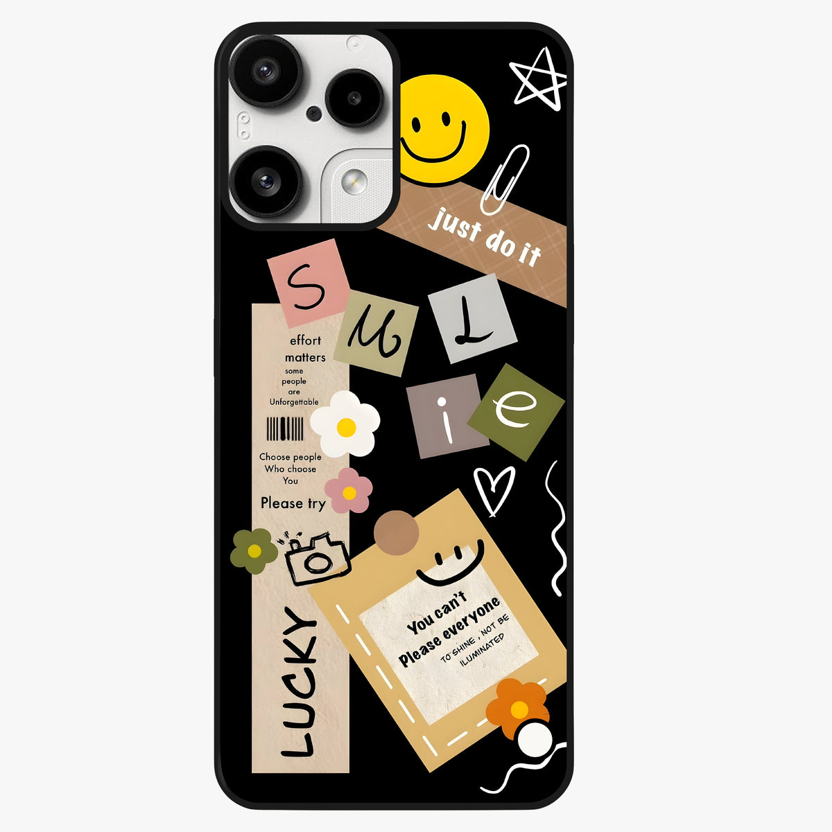 Lucky Aesthetic Collage Glass Case showing flat back view with trendy aesthetic collage artwork and glossy glass finish.