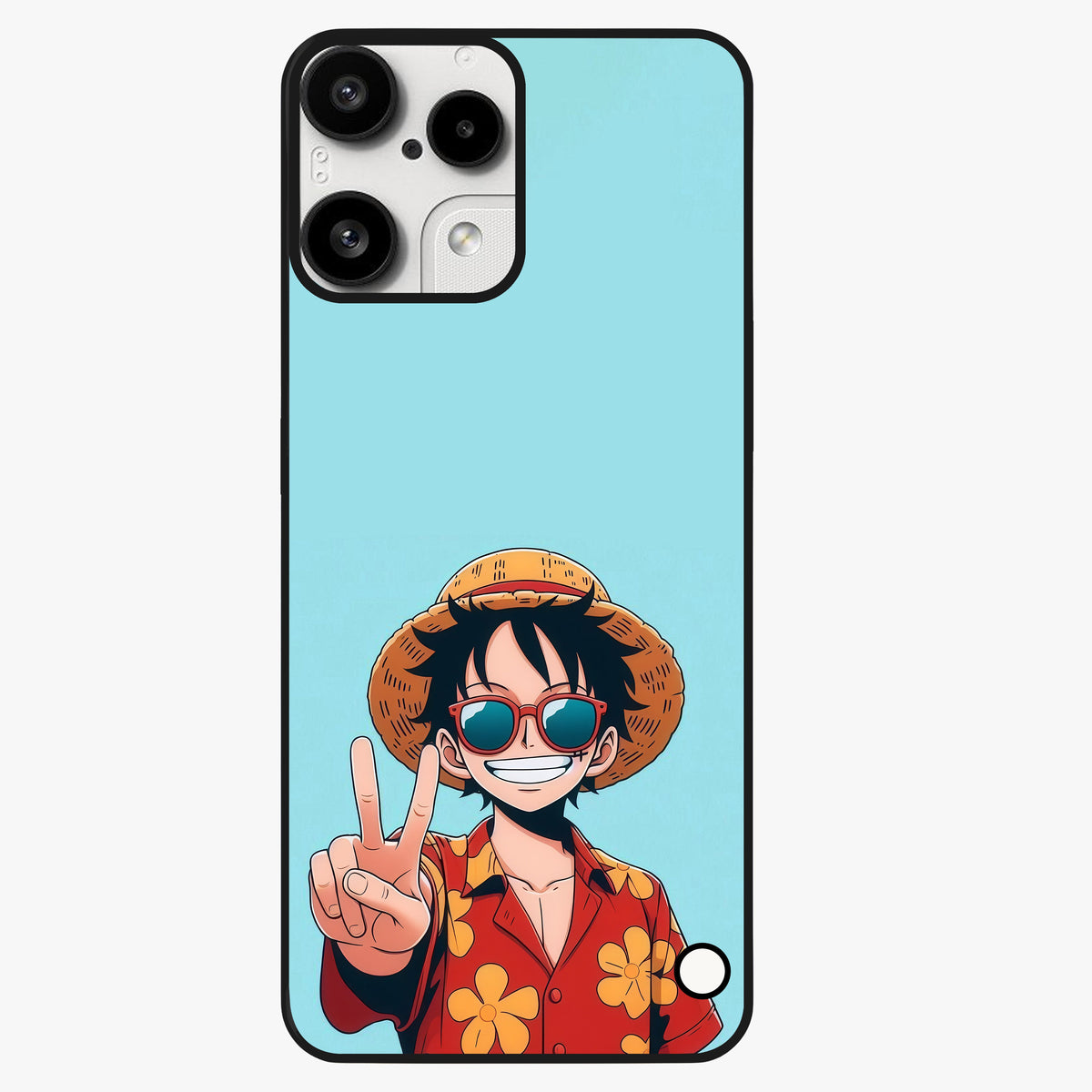 Luffy Summer Anime Vibe Glass Case showing flat back view with vibrant anime character artwork and glossy glass finish.