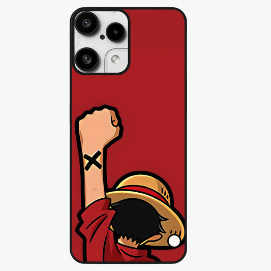 Luffy X Spirit Glass Case showing flat back view with bold anime character artwork and glossy glass finish.