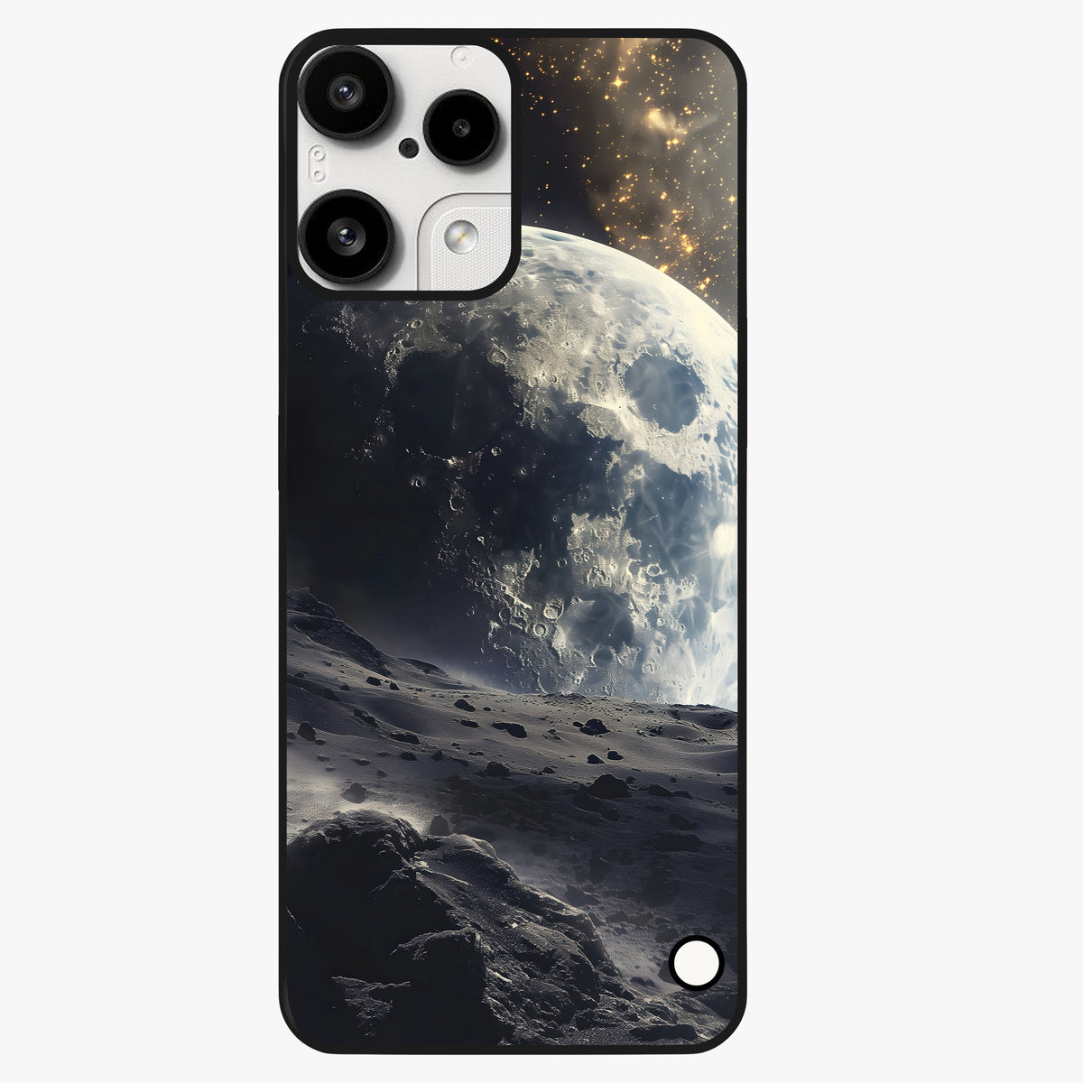 Lunar Horizon Glow Glass Case showing flat back view with glowing moon horizon artwork and glossy glass finish.
