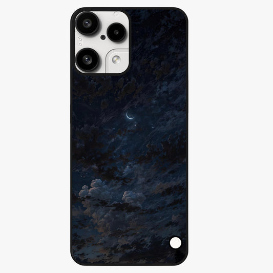 Lunar Veil Silence Glass Case showing flat back view with mystical moon veil artwork and glossy glass finish.