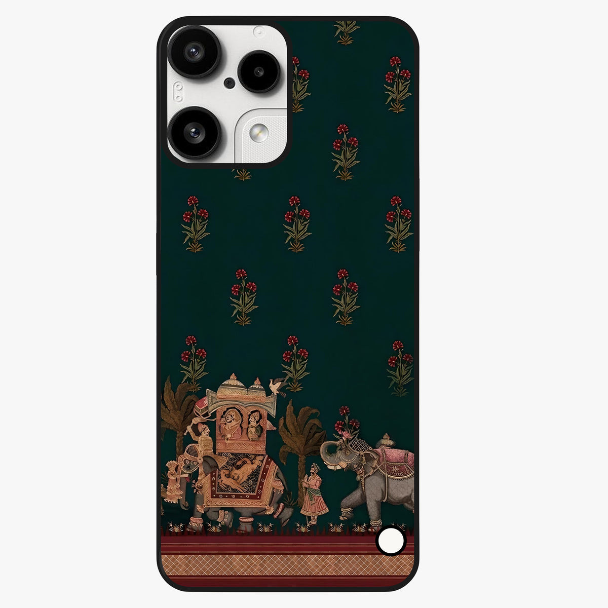 Macmerise Glass Case showing flat back view with stylish modern artwork and glossy glass finish.