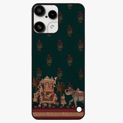 Macmerise Glass Case showing flat back view with stylish modern artwork and glossy glass finish.