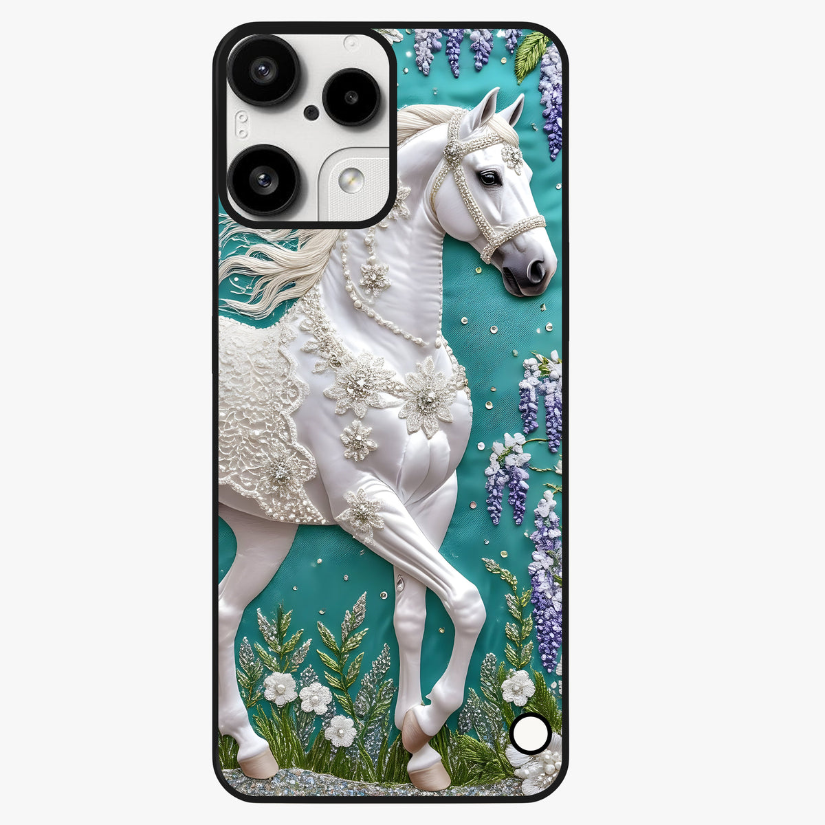 Majestic Floral Stallion Glass Case showing flat back view with powerful horse and floral artwork and glossy glass finish.
