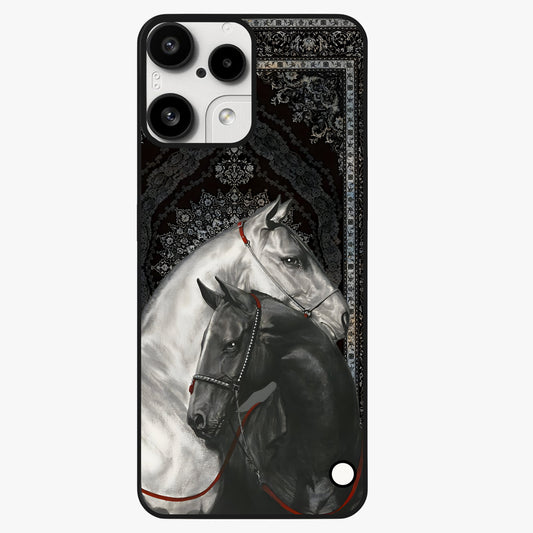 Majestic Ride Legacy Glass Case showing flat back view with powerful automotive inspired artwork and glossy glass finish.