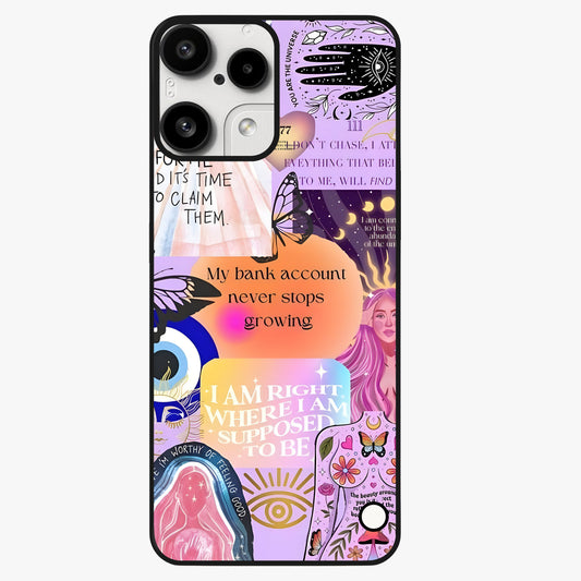 Manifestation Collage Glass Case showing flat back view with motivational collage artwork and glossy glass finish.