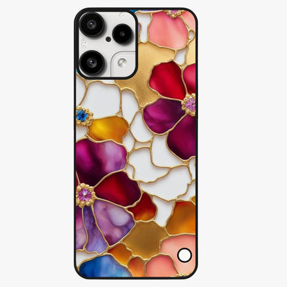 Marble Flower Pattern Glass Case showing flat back view with marble texture floral artwork and glossy glass finish.