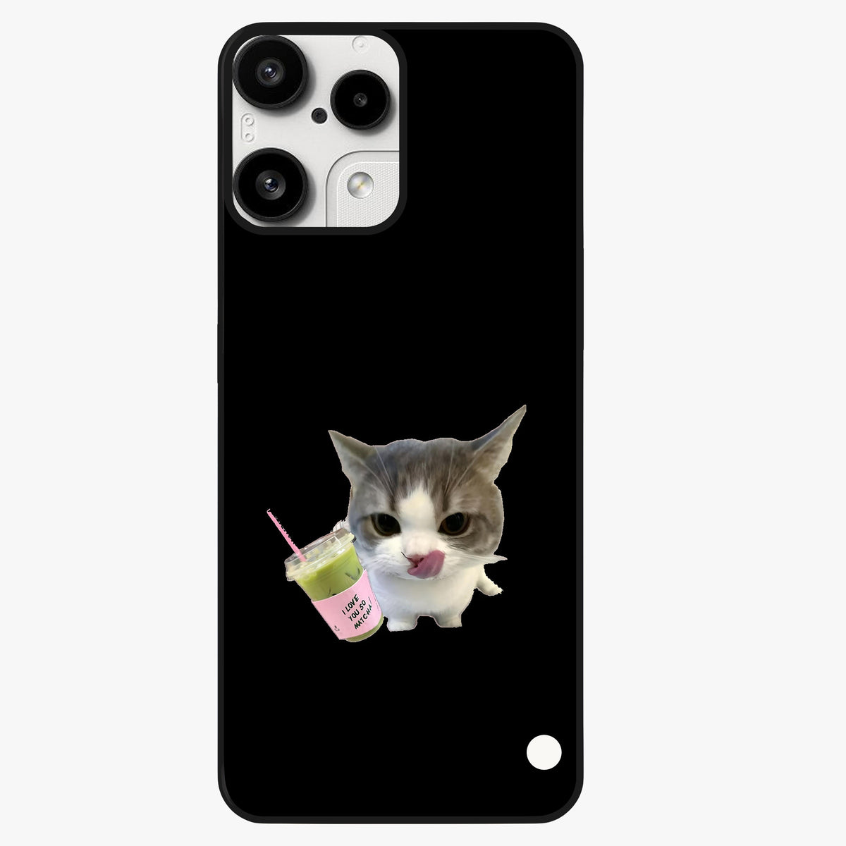 Matcha Cat Style Glass Case showing flat back view with cute matcha themed cat artwork and glossy glass finish.