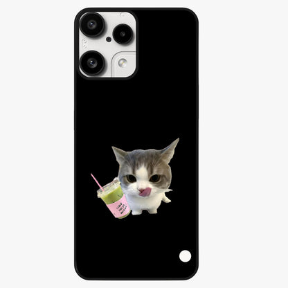 Matcha Cat Style Glass Case showing flat back view with cute matcha themed cat artwork and glossy glass finish.