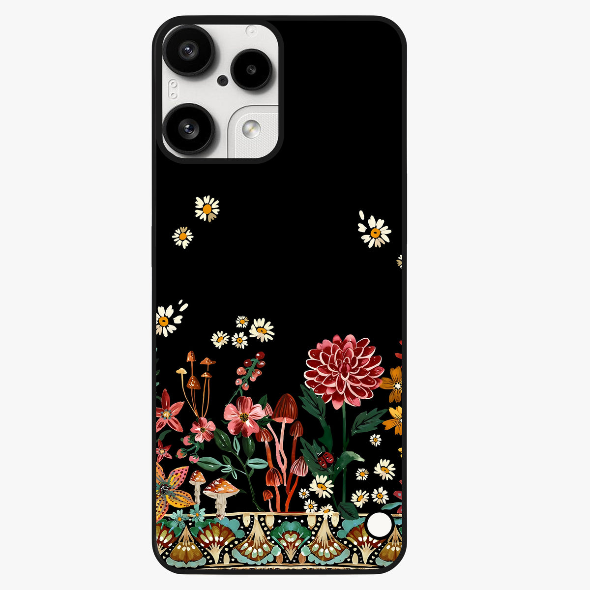 Midnight Bloom Pattern Glass Case showing flat back view with dark floral pattern artwork and glossy glass finish.