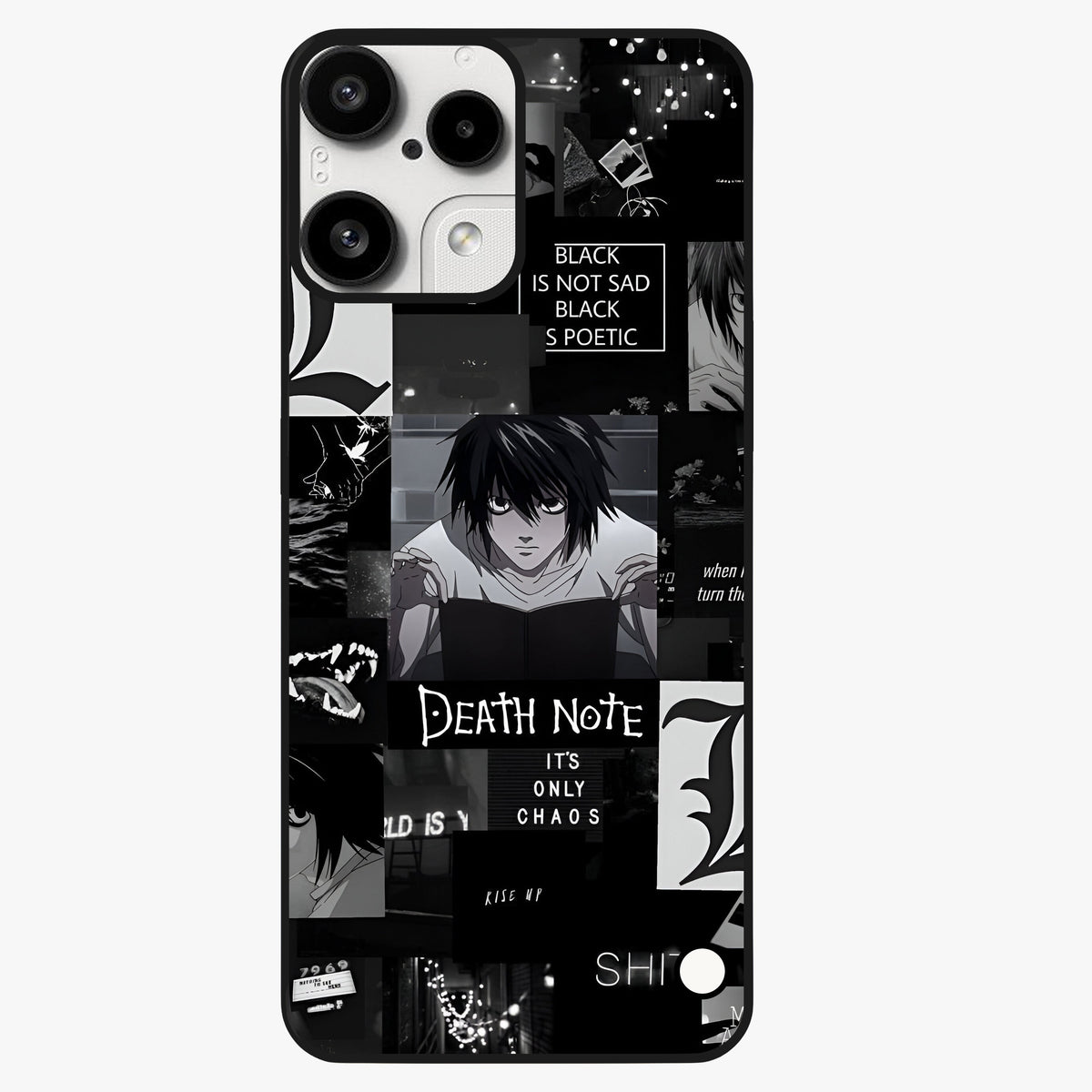 Midnight Chaos Mind Glass Case showing flat back view with abstract dark themed artwork and glossy glass finish.