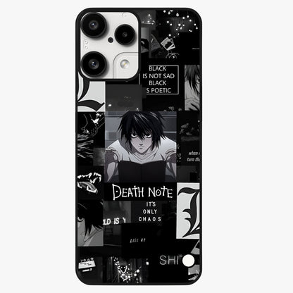 Midnight Chaos Mind Glass Case showing flat back view with abstract dark themed artwork and glossy glass finish.