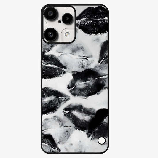 Midnight Kiss Marks Glass Case showing flat back view with lipstick kiss mark artwork and glossy glass finish.
