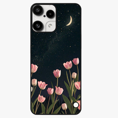 Midnight Tulip Whispers Vibe Glass Case showing flat back view with elegant tulip flower artwork and glossy glass finish.