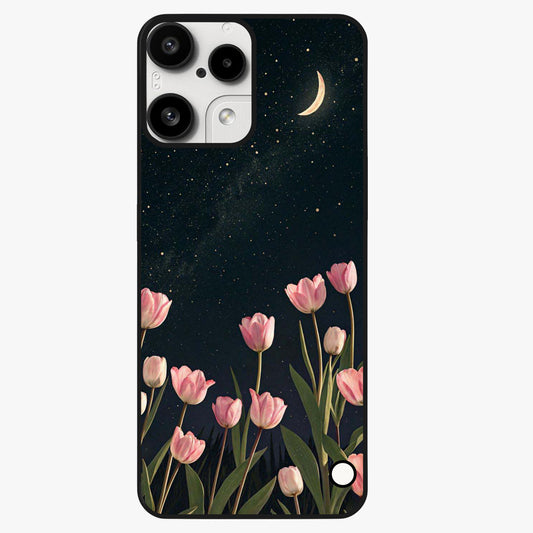 Midnight Tulip Whispers Vibe Glass Case showing flat back view with elegant tulip flower artwork and glossy glass finish.