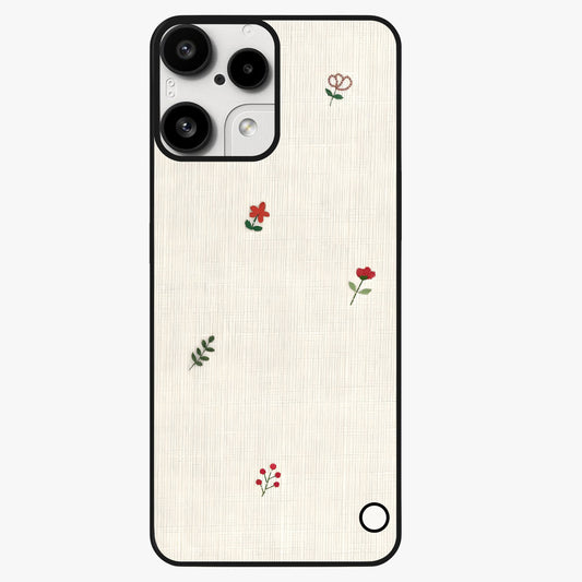 Minimal Petal Whispers Glass Case showing flat back view with soft minimal floral artwork and glossy glass finish.