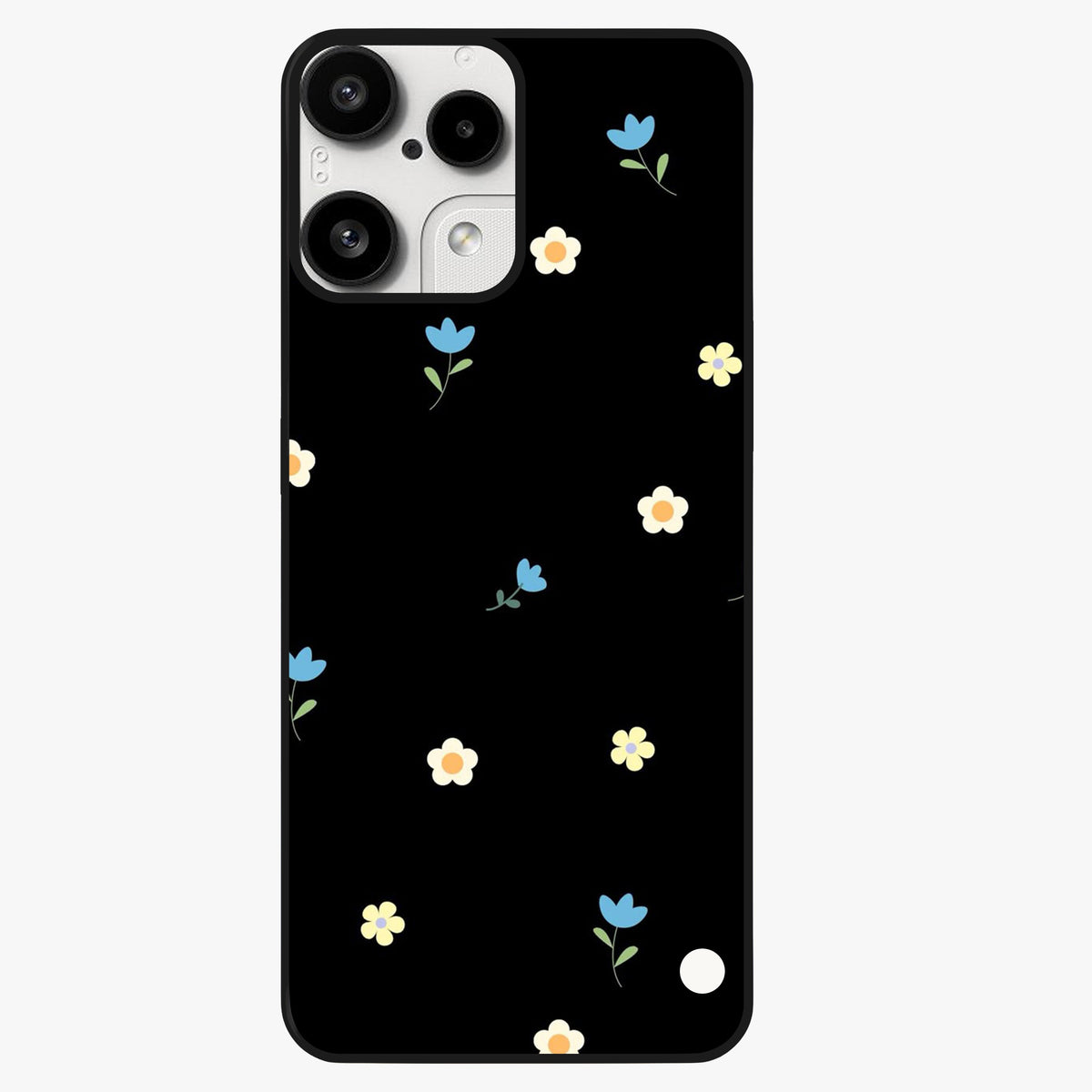 Minimalistic Blue With White Flower Pattern Glass Case showing flat back view with blue background and white flower pattern and glossy glass finish.