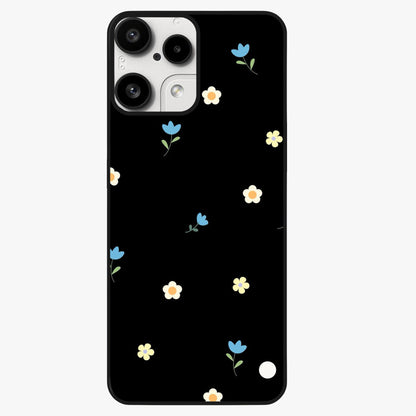 Minimalistic Blue With White Flower Pattern Glass Case showing flat back view with blue background and white flower pattern and glossy glass finish.