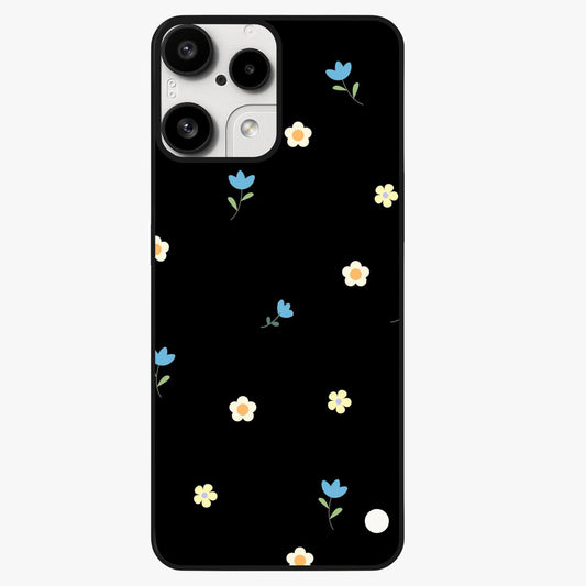 Minimalistic Blue With White Flower Pattern Glass Case showing flat back view with blue background and white flower pattern and glossy glass finish.