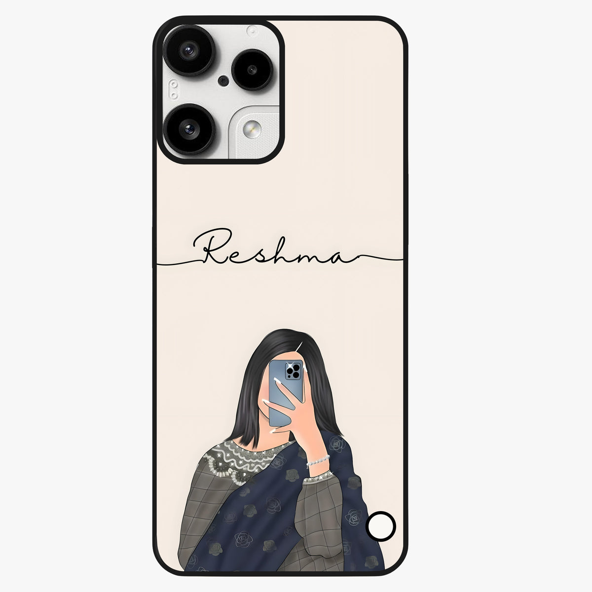 Mirror Mood Muse With Custom Name Glass Case showing flat back view with stylish mirrored artwork and personalized name design.