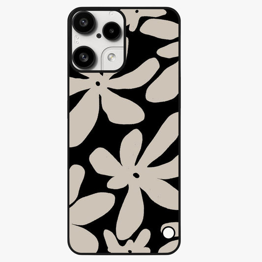 Monochrome Petal Dance Glass Case showing flat back view with monochrome floral artwork and glossy glass finish.