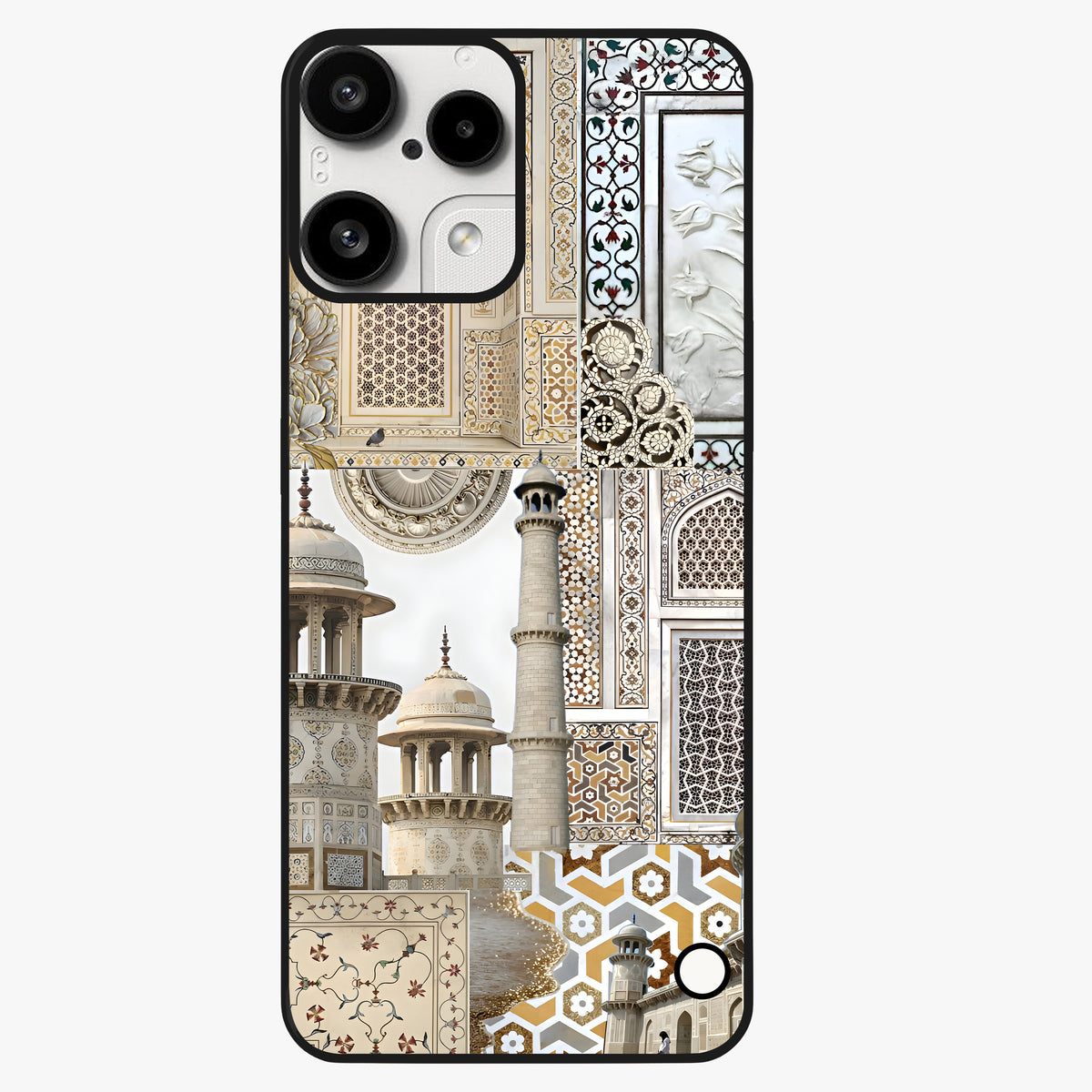 Mughal Marble Legacy Glass Case showing flat back view with intricate Mughal inspired marble pattern and glossy glass finish.