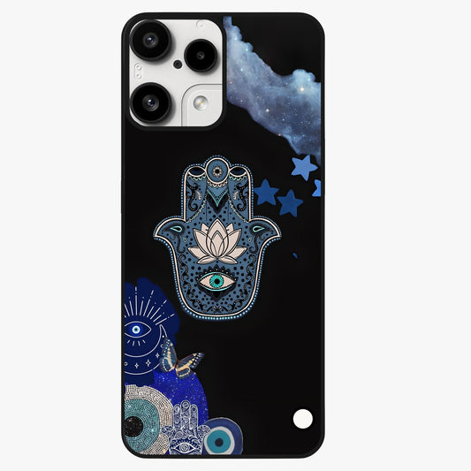 Mystic Hand Aura Glass Case showing flat back view with mystical hand symbol artwork and glossy glass finish.