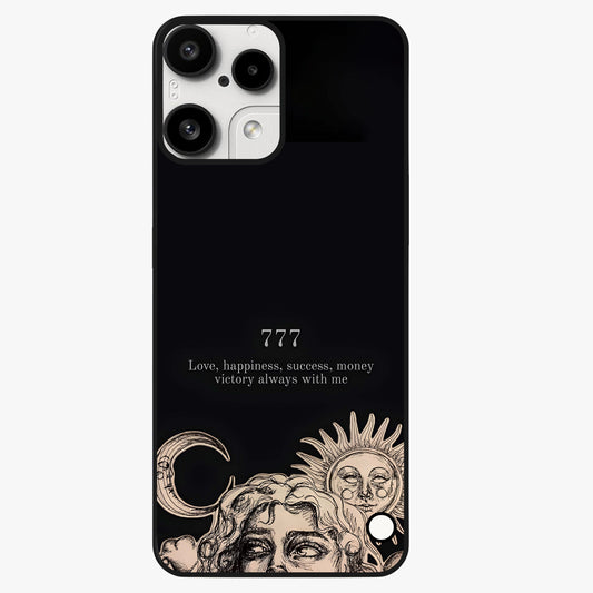 Mystic Victory Aura Glass Case showing flat back view with victory symbol artwork and glossy glass finish.