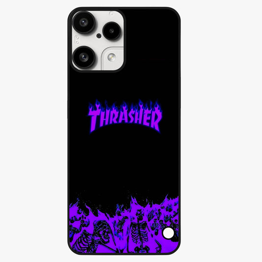 Neon Flame Riot Glass Case showing flat back view with neon flame artwork and glossy glass finish.