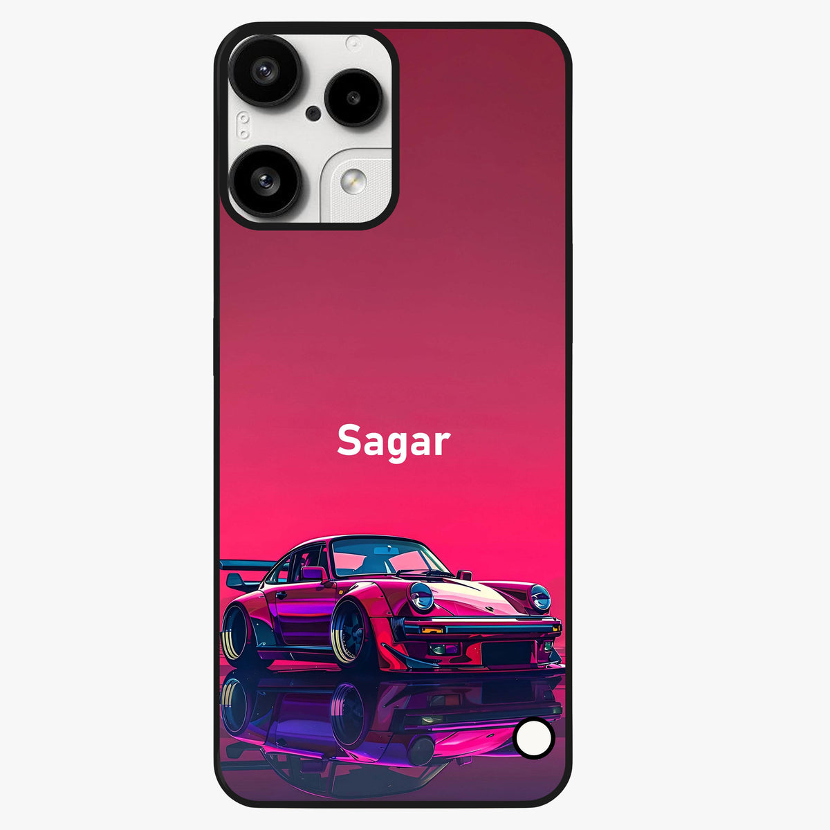 Neon Pink Porsche Glass Case showing flat back view with stylish sports car artwork and glossy glass finish.