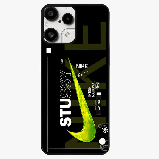 Neon Street Edition Glass Case showing flat back view with neon street style artwork and glossy glass finish.