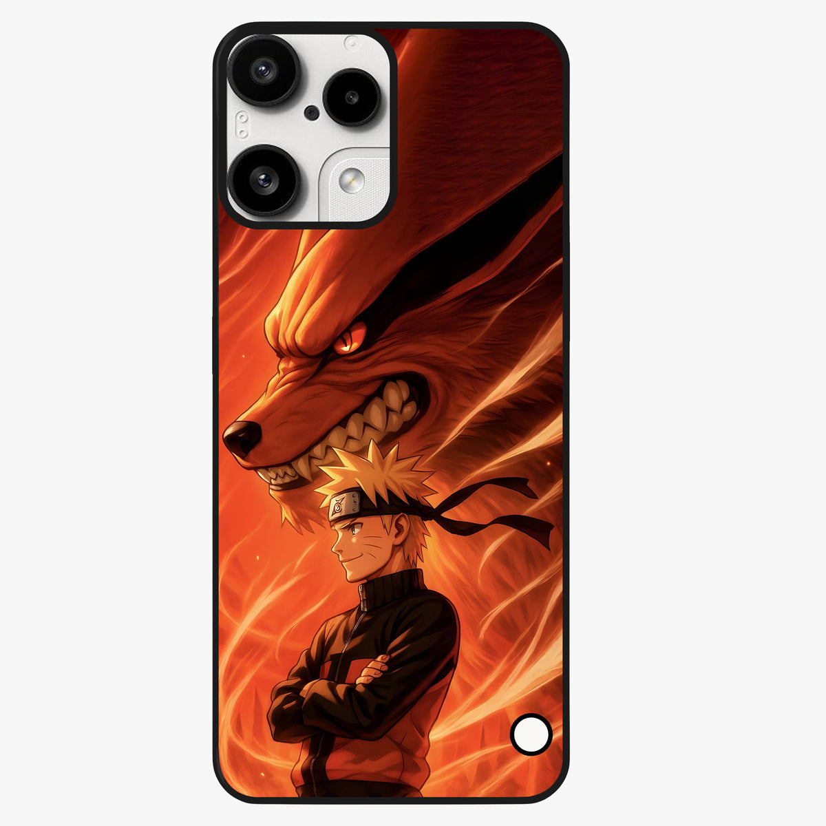 Nine Tails Legacy Glass Case showing flat back view with powerful nine-tailed fox inspired artwork and glossy glass finish.