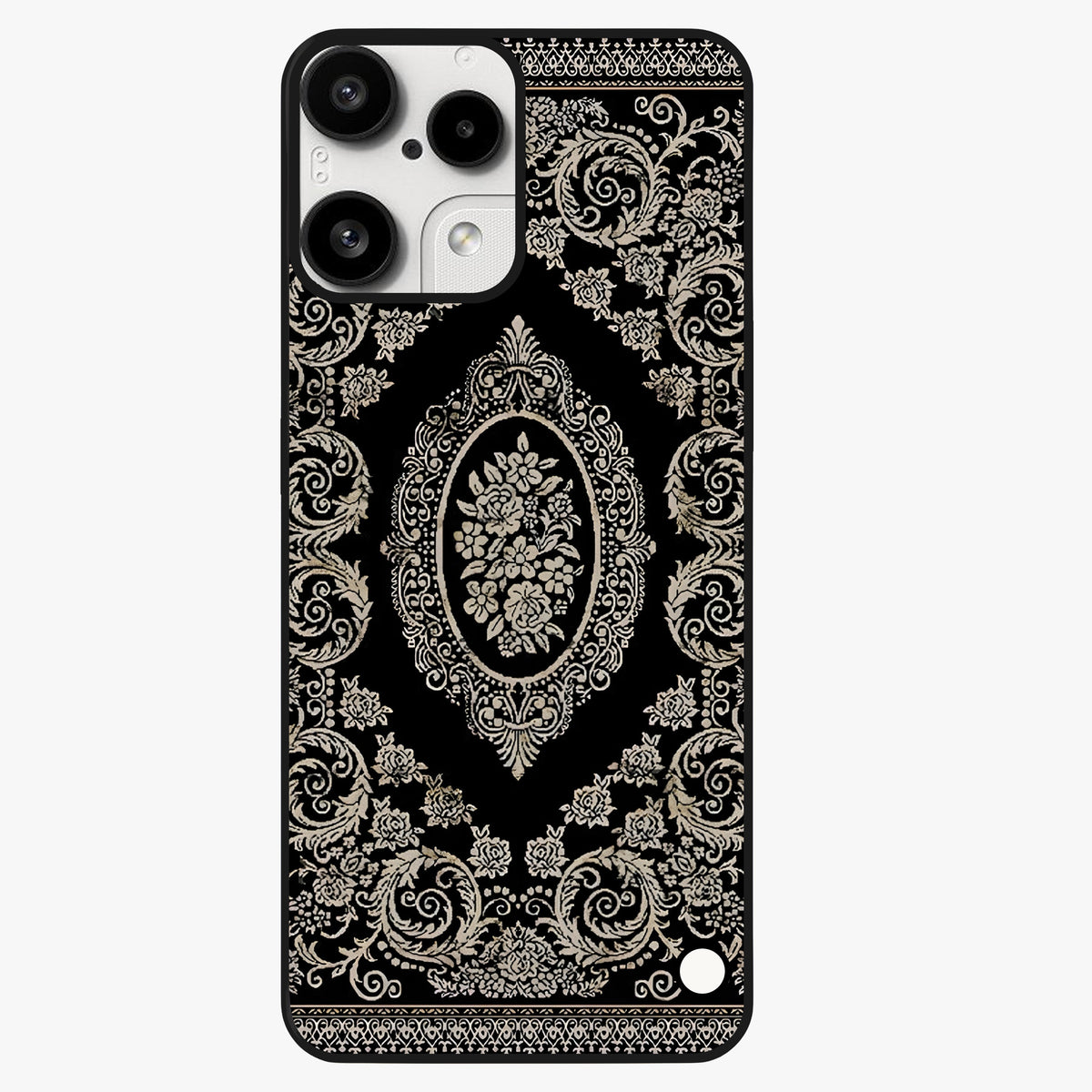 Noir Bloom Elegance Glass Case showing flat back view with elegant dark floral artwork and glossy glass finish.
