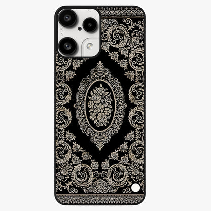 Noir Bloom Elegance Glass Case showing flat back view with elegant dark floral artwork and glossy glass finish.