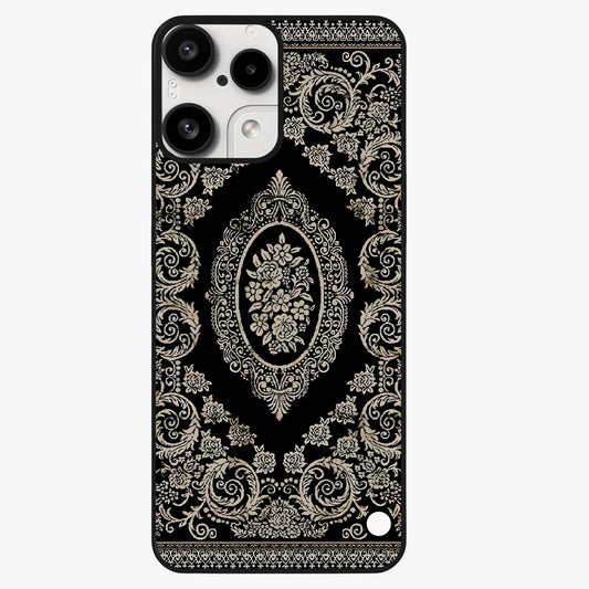 Noir Bloom Elegance Glass Case showing flat back view with elegant dark floral artwork and glossy glass finish.