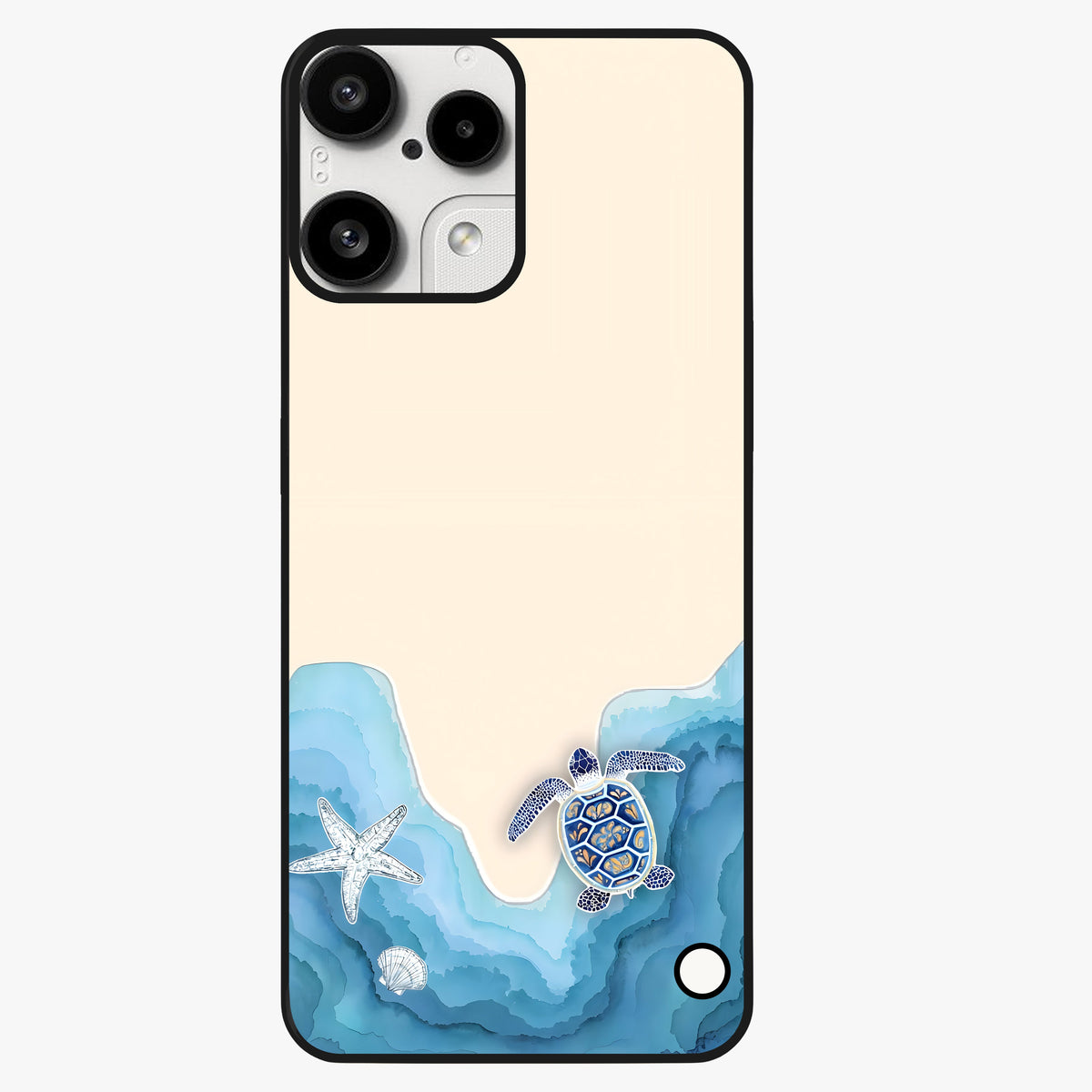 Ocean Drift Turtle Glass Case showing flat back view with sea turtle artwork and glossy glass finish.